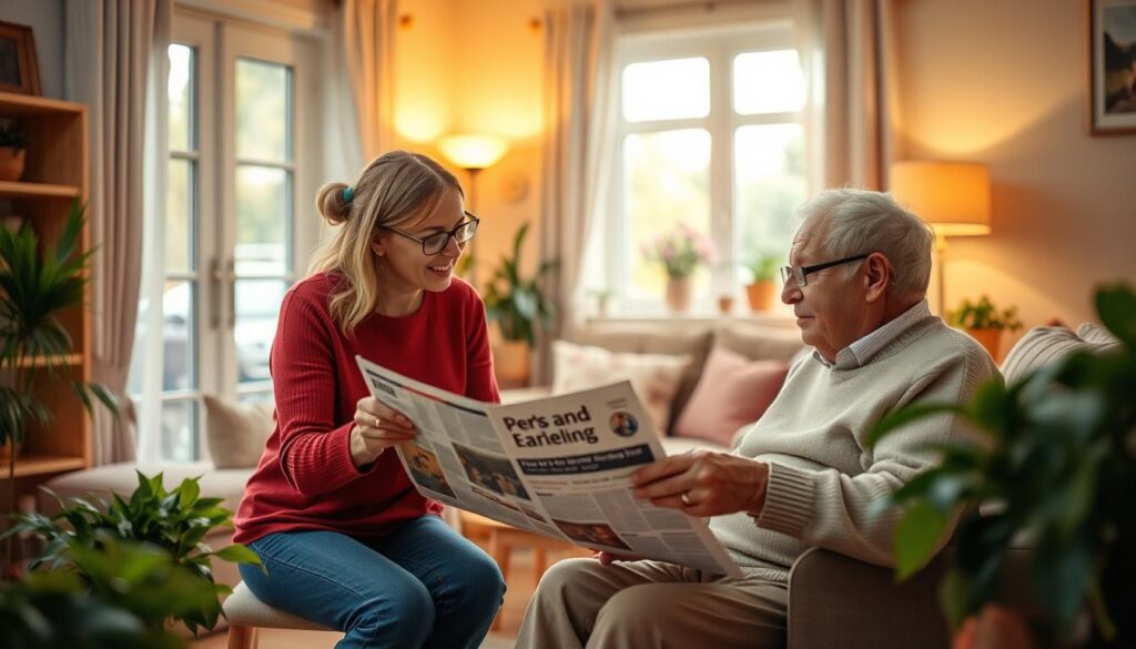 A warm, welcoming interior scene depicting the daily assistance and activation of a caretaker working with an elderly person. In the foreground, the caretaker is sitting next to the elderly person, engaged in a conversation and guiding them through an everyday task, such as reading a newspaper or playing a simple game. The middle ground shows a cozy living room environment with comfortable furnishings, soft lighting, and plants, creating a sense of hominess and security. The background features a window providing a glimpse of the outside world, suggesting the caretaker's role in bridging the elderly person's connection to their daily life and community. The overall mood is one of calm, care, and compassion, reflecting the essential duties of a 43b caretaker.